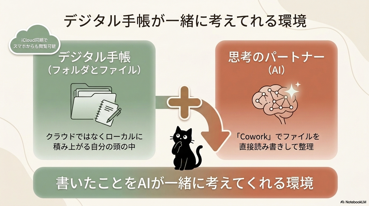 デジタル手帳（フォルダとファイル）と思考のパートナー（AI）が組み合わさることで「書いたことをAIが一緒に考えてくれる環境」になることを示す図解。中央で黒猫が考え事をしている