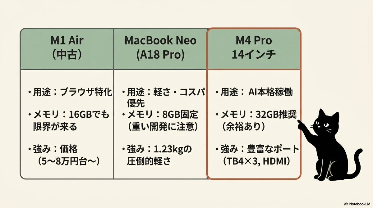 3機種のスペックと用途の比較表。「M1 Air（ブラウザ特化）」「MacBook Neo（軽さ・コスパ優先）」「M4 Pro 14インチ（AI本格稼働）」のそれぞれの特徴が記載されており、黒猫が赤枠で強調されたM4 Proの列を指差している