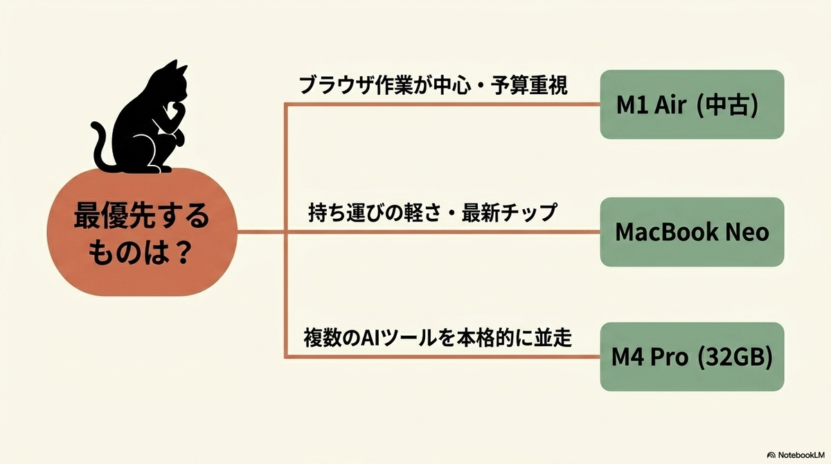 用途別MacBookの選び方を示すフローチャート。左側で「最優先するものは？」と黒猫が考えており、「ブラウザ作業が中心・予算重視」ならM1 Air、「持ち運びの軽さ・最新チップ」ならMacBook Neo、「複数のAIツールを本格的に並走」ならM4 Proへ分岐する構成