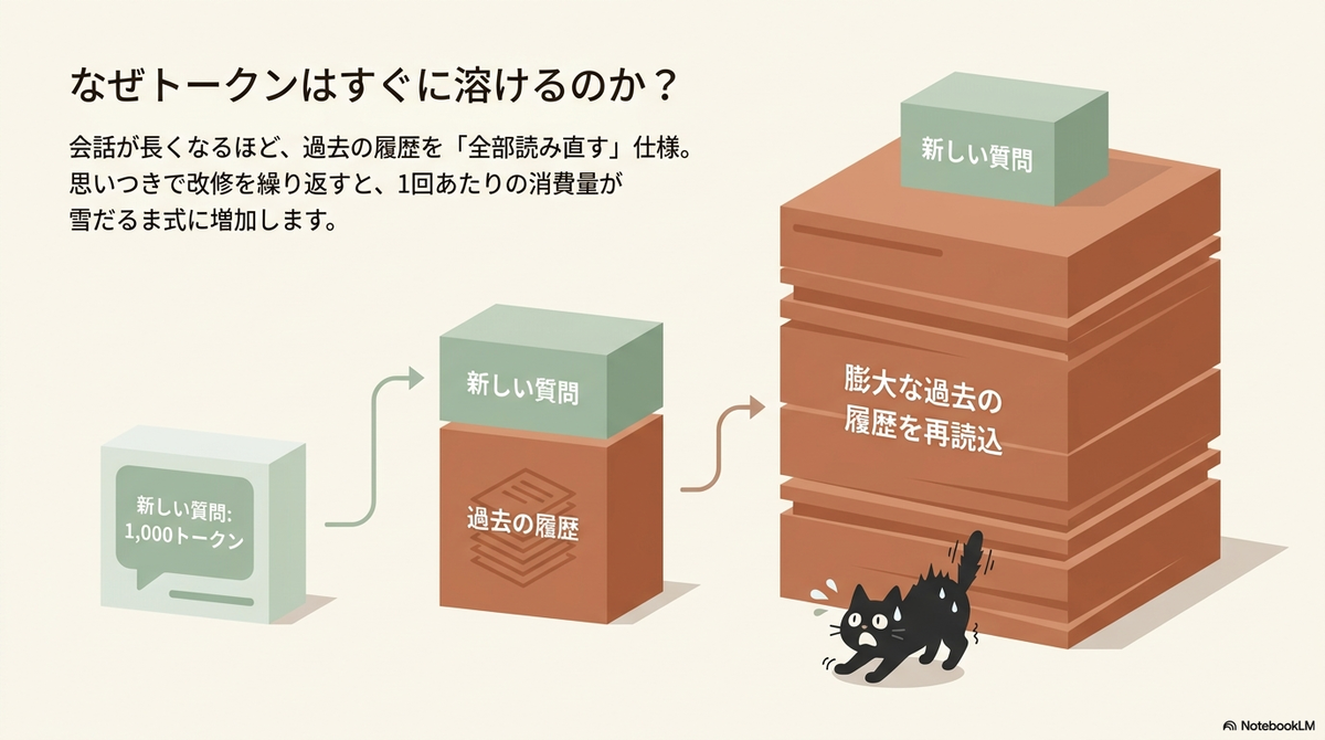 「なぜトークンはすぐに溶けるのか？」を図解したスライド。会話が長くなるほど過去の履歴を全部読み直すため、トークン消費量が雪だるま式に増加していく様子を積み上がるブロックで表現しています。右下には驚いて毛羽立っている黒猫がいます。