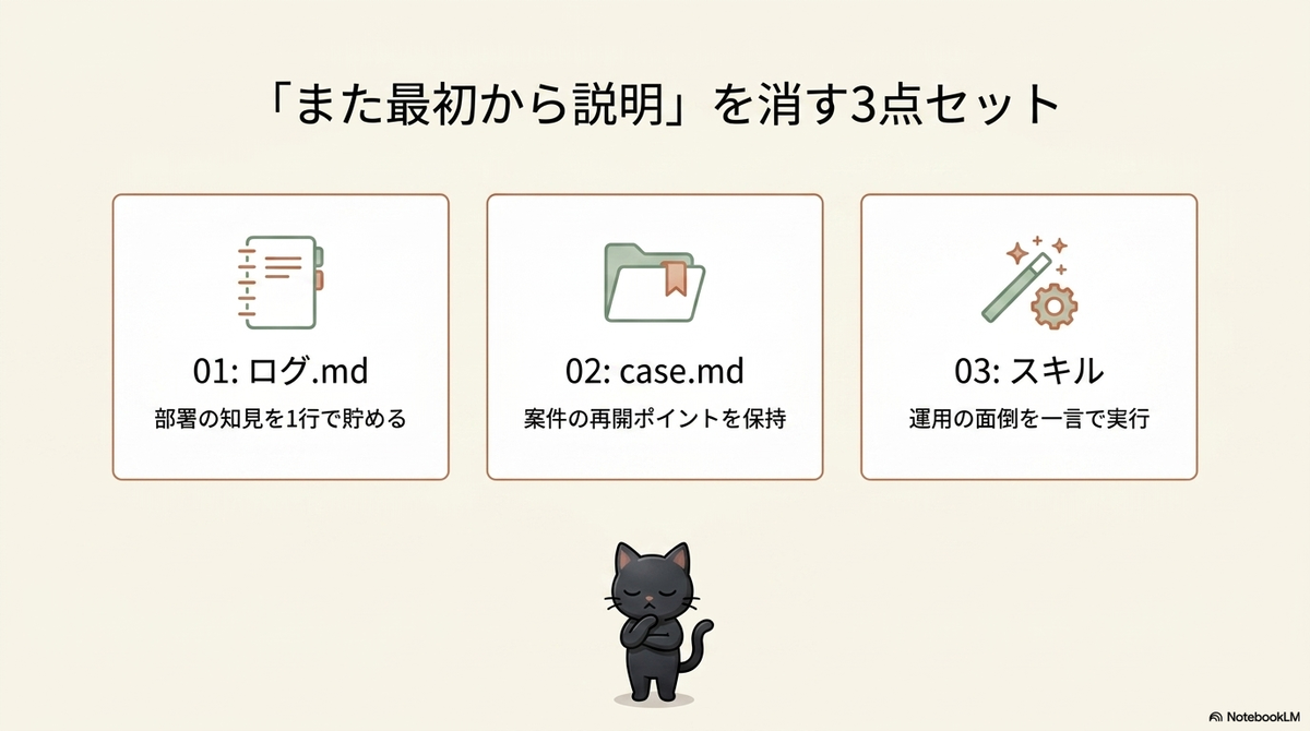 「また最初から説明」を消すための3点セット（01: ログ.md、02: case.md、03: スキル）を紹介するスライド。それぞれの役割がアイコン付きで並び、下部では黒猫が腕を組んで考えているポーズをしています。