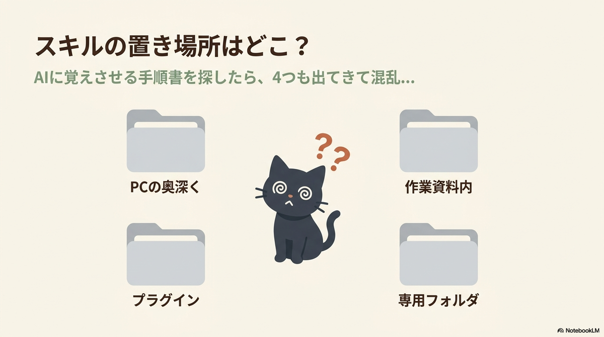 「スキルの置き場所はどこ？ AIに覚えさせる手順書を探したら、4つも出てきて混乱...」という見出しと、「PCの奥深く」「作業資料内」「プラグイン」「専用フォルダ」の4つのフォルダアイコンの真ん中で、黒猫が頭にハテナを浮かべて混乱しているイラスト