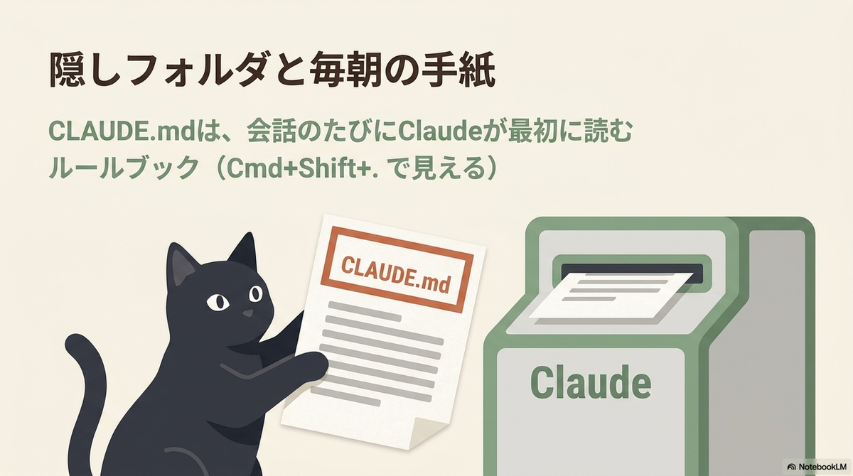 「隠しフォルダと毎朝の手紙 CLAUDE.mdは、会話のたびにClaudeが最初に読むルールブック（Cmd+Shift+. で見える）」という見出しと、黒猫が「CLAUDE.md」と書かれた書類を「Claude」という名前の投函口に差し出しているイラスト