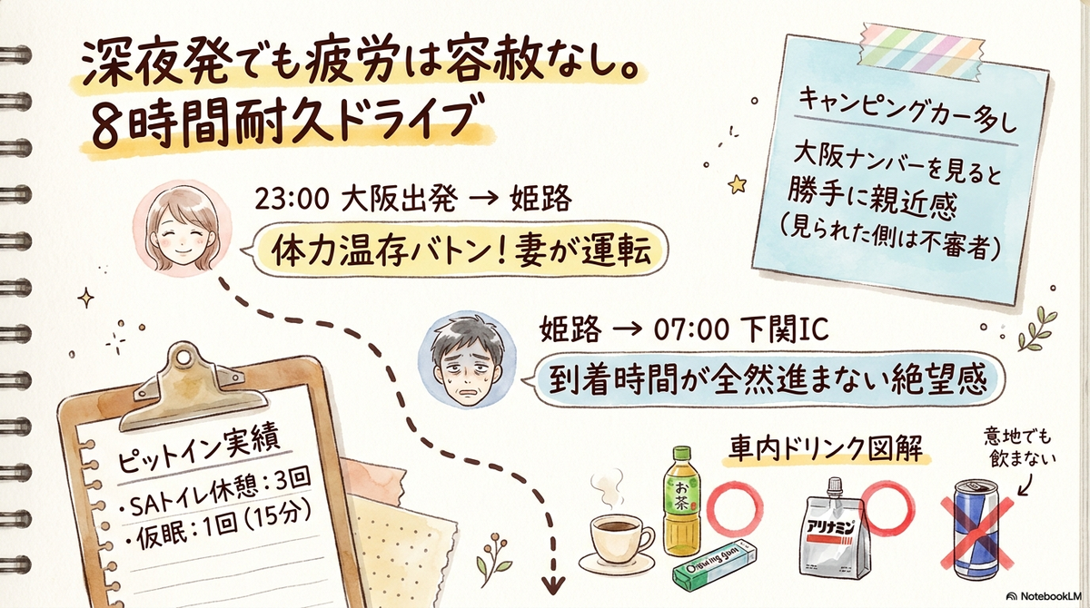 8時間耐久ドライブの記録。妻への運転交代、トイレ休憩3回と仮眠1回のピットイン実績、車内で飲んだドリンク図解のイラスト