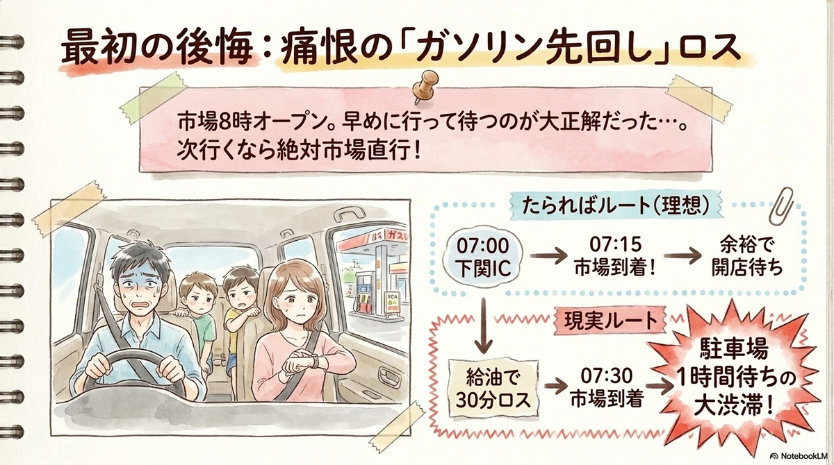 市場へ直行せずガソリン給油を優先した結果、駐車場1時間待ちの渋滞に巻き込まれて車内で焦る家族のイラストと、ルート比較図