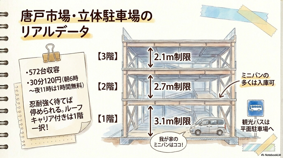 唐戸市場・立体駐車場のイラストとリアルデータ。各階の高さ制限（1階3.1m、2階2.7m、3階2.1m）や料金、収容台数のメモ