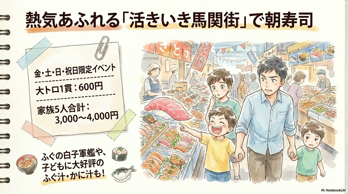 活きいき馬関街で並んだお寿司を見て喜ぶ家族のイラストと、大トロ1貫600円・家族5人で3000〜4000円などの金額メモ