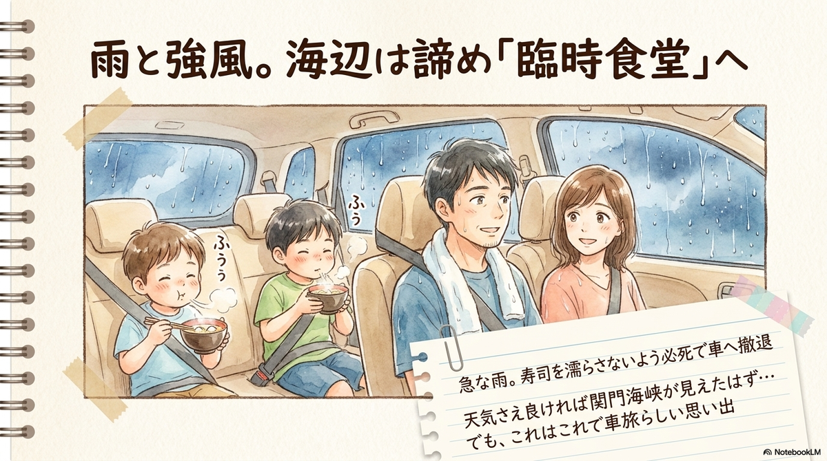 雨と強風のため海辺を諦め、車内を臨時食堂にして濡れないようにお寿司や汁物を食べる家族のイラスト