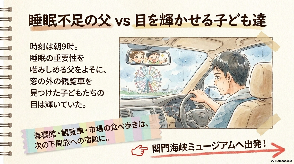 睡眠不足で疲労困憊の父親と、窓の外の観覧車を見つけて目を輝かせる子どもたちの車内イラスト。関門海峡ミュージアムへの出発案内
