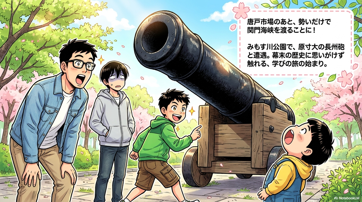 【画像1のaltテキスト】 桜が咲くみもすそ川公園で、原寸大の長州砲を見上げて目を輝かせたり驚いたりしているお父さんと3人の息子たちのイラストです。画像内には「唐戸市場のあと、勢いだけで関門海峡を渡ることに！みもすそ川公園で、原寸大の長州砲と遭遇。幕末の歴史に思いがけず触れる、学びの旅の始まり。」というテキストが添えられています