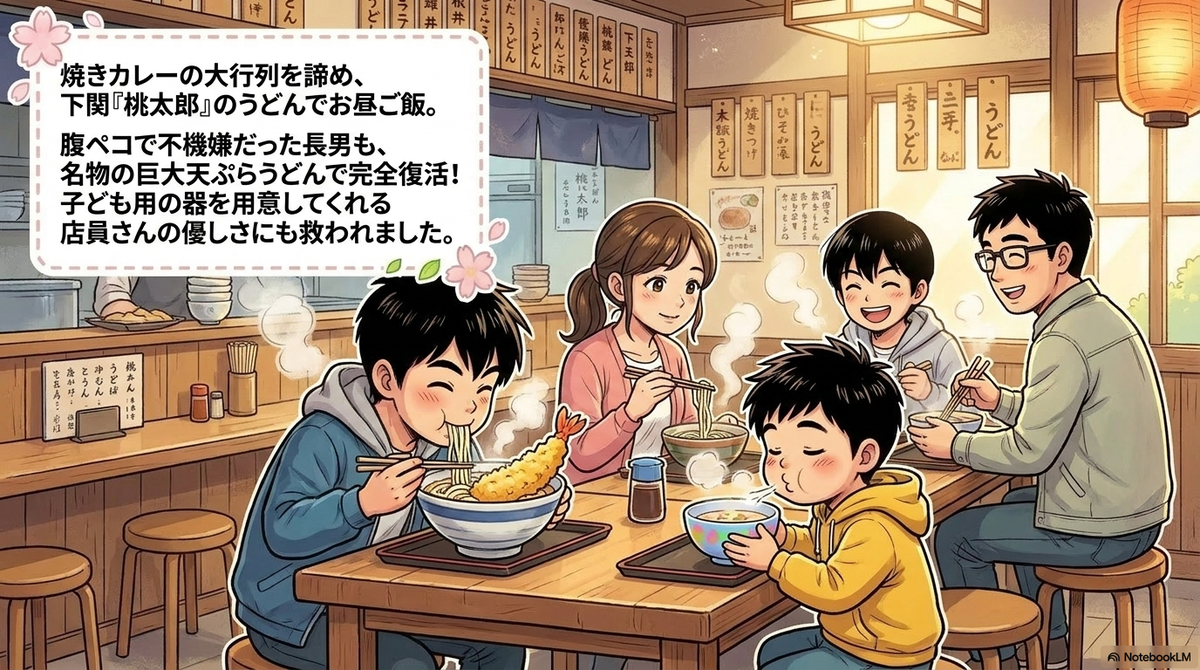 下関のうどん店『桃太郎』で、笑顔で食事をする家族5人の様子が描かれています。長男は巨大な天ぷらうどんを食べ、三男は子ども用の器を使ってうどんをすすっています。画像内には「焼きカレーの大行列を諦め、下関『桃太郎』のうどんでお昼ご飯。腹ペコで不機嫌だった長男も、名物の巨大天ぷらうどんで完全復活！子ども用の器を用意してくれる店員さんの優しさにも救われました。」というテキストが添えられています