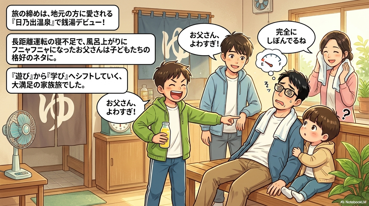 銭湯『日乃出温泉』の休憩所で、湯上がりに疲れ果ててベンチでぐったりしているお父さんと、それを笑顔で囲むお母さんや子どもたちです。子どもたちからは「お父さん、よわすぎ！」「完全にしぼんでるね」という吹き出しが出ています。画像内には「旅の締めは、地元の方に愛される『日乃出温泉』で銭湯デビュー！長距離運転の寝不足で、風呂上がりにフニャフニャになったお父さんは子どもたちの格好のネタに。『遊び』から『学び』へシフトしていく、大満足の家族旅でした。」というテキストが添えられています