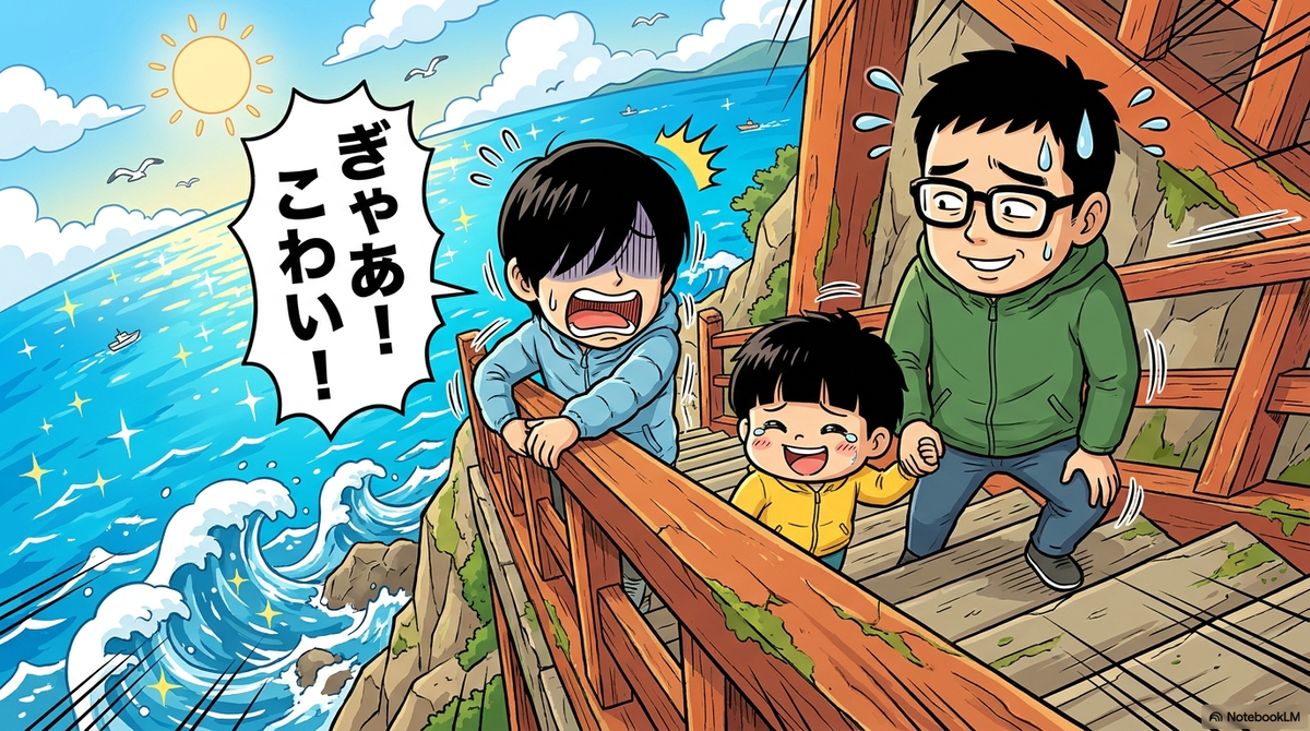 「海に面した断崖絶壁の木製階段を下りる父親、長男、三男。激しく波打つ海を見下ろして長男が『ぎゃあ！こわい！』と怯えており、三男は泣きべそをかき、父親は困ったように汗をかきながら子どもたちを見守っているシーン。」