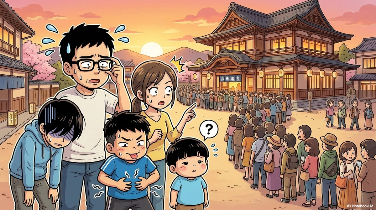 「夕暮れ時、歴史ある温泉施設の前にできた長蛇の列を目の当たりにして絶望する家族5人。両親は汗をかいて困惑し、長男はぐったりと俯き、次男は空腹でお腹を押さえ、三男は不思議そうに列を見つめている様子。」