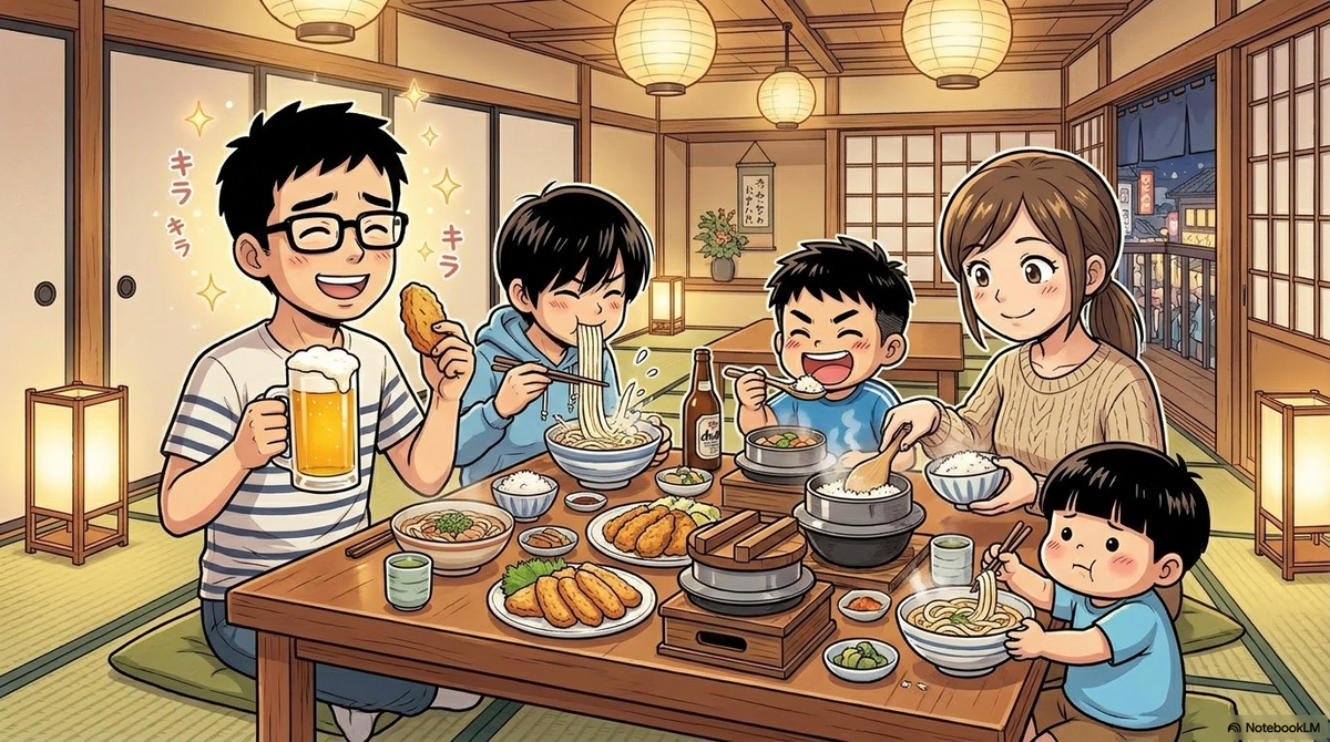 「和室の食事処で豪華な夕食を楽しむ家族5人。父親は満面の笑みでビールジョッキを手に持ち、母親は笑顔でご飯をよそい、子どもたちはうどんや揚げ物などの料理を美味しそうに食べている和やかな食事の場面。」