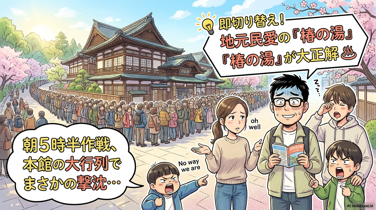 道後温泉本館の建物を囲むようにものすごい長蛇の列ができている朝の光景。手前には、ガイドブックを手に青ざめる父親、呆れ顔の母親、不満そうな子どもたち3人が描かれています。「朝5時半作戦、本館の大行列でまさかの撃沈…」という吹き出しの一方で、右上には「💡即切り替え！地元民愛の『椿の湯』が大正解♨」というポジティブな解決策が提示されています。