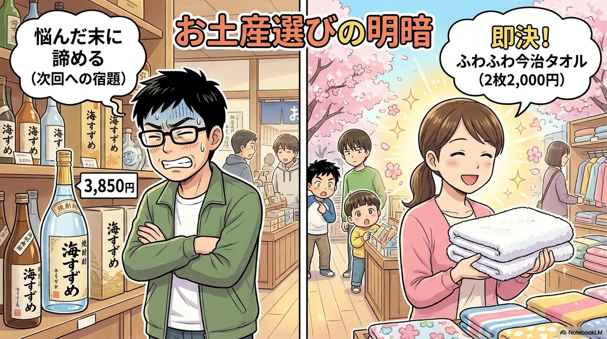 「お土産選びの明暗」というタイトルで左右に分割されたイラスト。 左側では、父親が3,850円の焼酎「海すずめ」を前に腕を組み、冷や汗を流しながら「悩んだ末に諦める（次回への宿題）」としている様子が描かれています。右側では、母親が「ふわふわ今治タオル（2枚2,000円）」を手に持ち、桜を背景に晴れやかな笑顔で「即決！」としている対照的な様子が描かれています。奥では子どもたちが母親の方を見つめています。