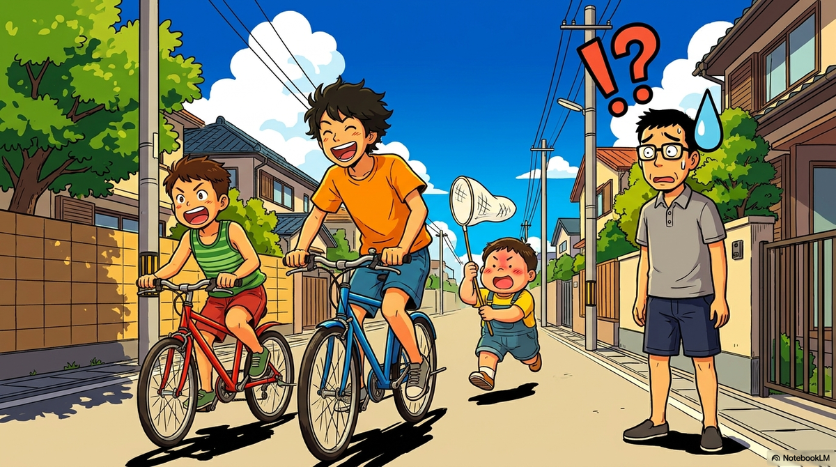 夏の住宅街で、自転車に乗ったり虫取り網を持って元気に走り回る3人の子どもたちと、それを見てハラハラと冷や汗を流す父親を描いた挿絵