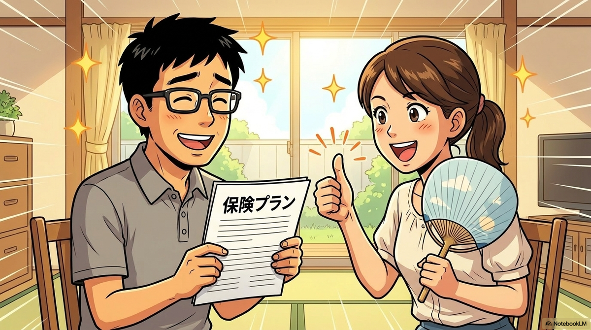 室内で「保険プラン」と書かれた書類を手に笑顔を見せる父親と、うちわを持ちながら笑顔でサムズアップ（いいねのポーズ）をする母親を描いた挿絵