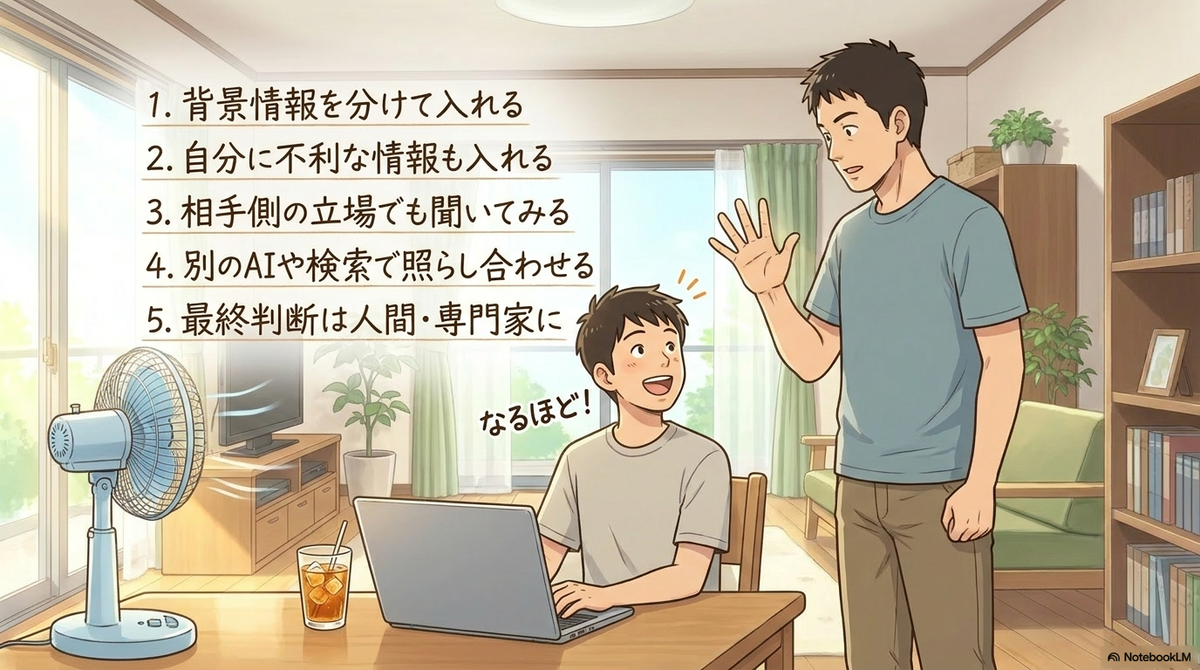 扇風機が回る夏の部屋で、AIを使うときの5つのポイントをお父さんから教わり「なるほど！」と納得しながらパソコンに向かう男の子のイラスト