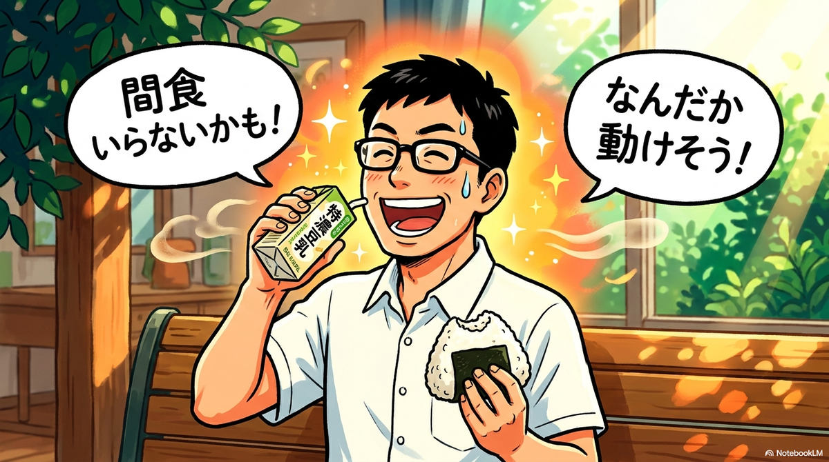 夏の日差しが差し込む縁側で、おにぎりを片手に特濃豆乳を飲む父親が「間食いらないかも！」「なんだか動けそう！」と笑顔で喜んでいるイラスト 。