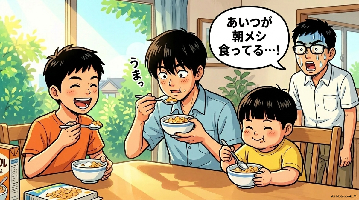 3人の子どもたちが夏の朝の食卓で美味しそうにシリアル入りヨーグルトを食べており、その後ろで父親が「あいつが朝メシ食ってる…！」と驚愕しているイラスト 。