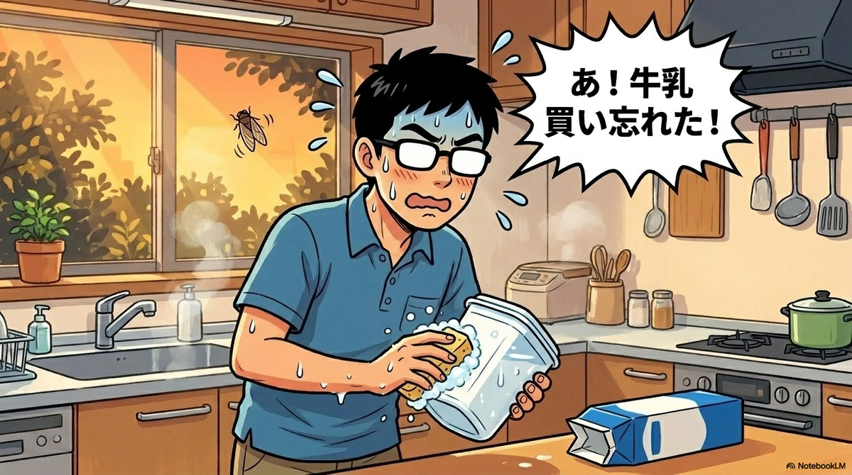 夏の暑い夕方のキッチンで、父親が空の保存容器を手にしながら「あ！牛乳買い忘れた！」と焦って汗をかいているイラスト 。