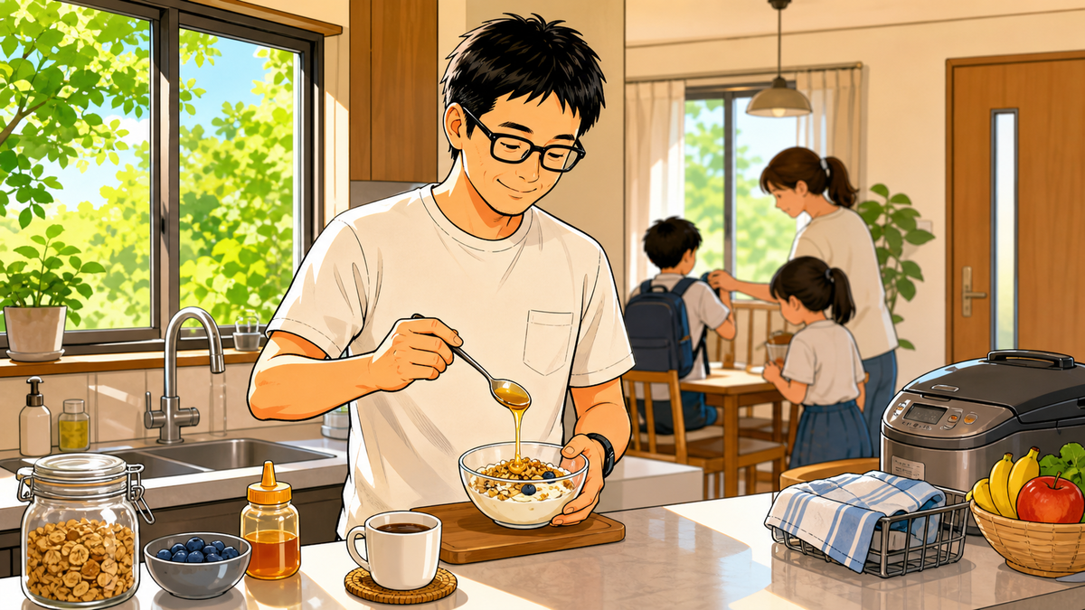 alt="夏の朝、台所で父がヨーグルトに蜂蜜をかけながら朝食を準備しているイラスト"