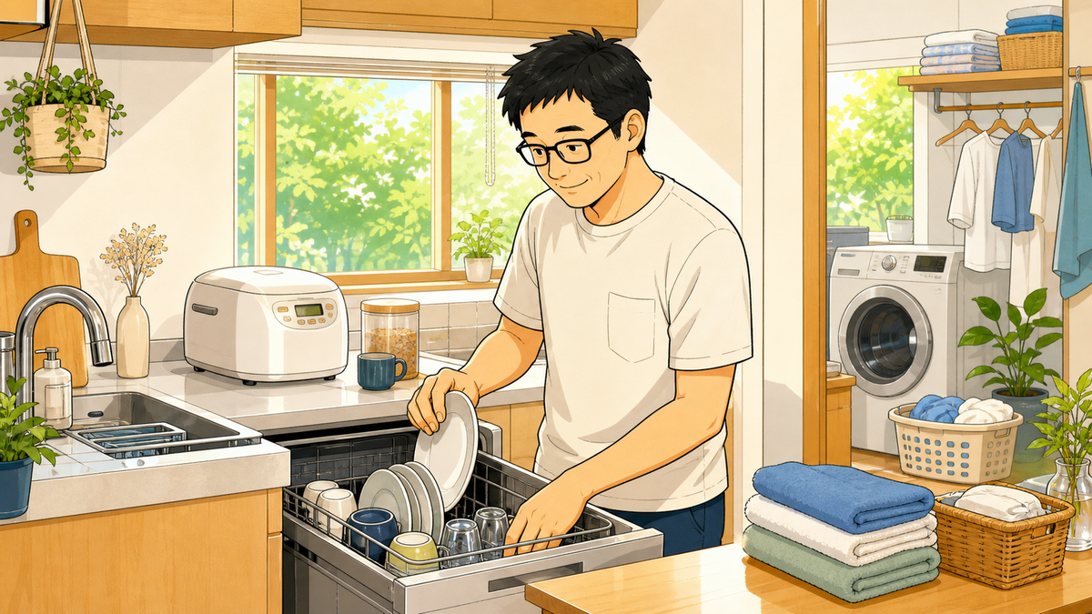 alt="父が食洗機を使いながら洗濯物や台所まわりを整えている夏の朝のイラスト"