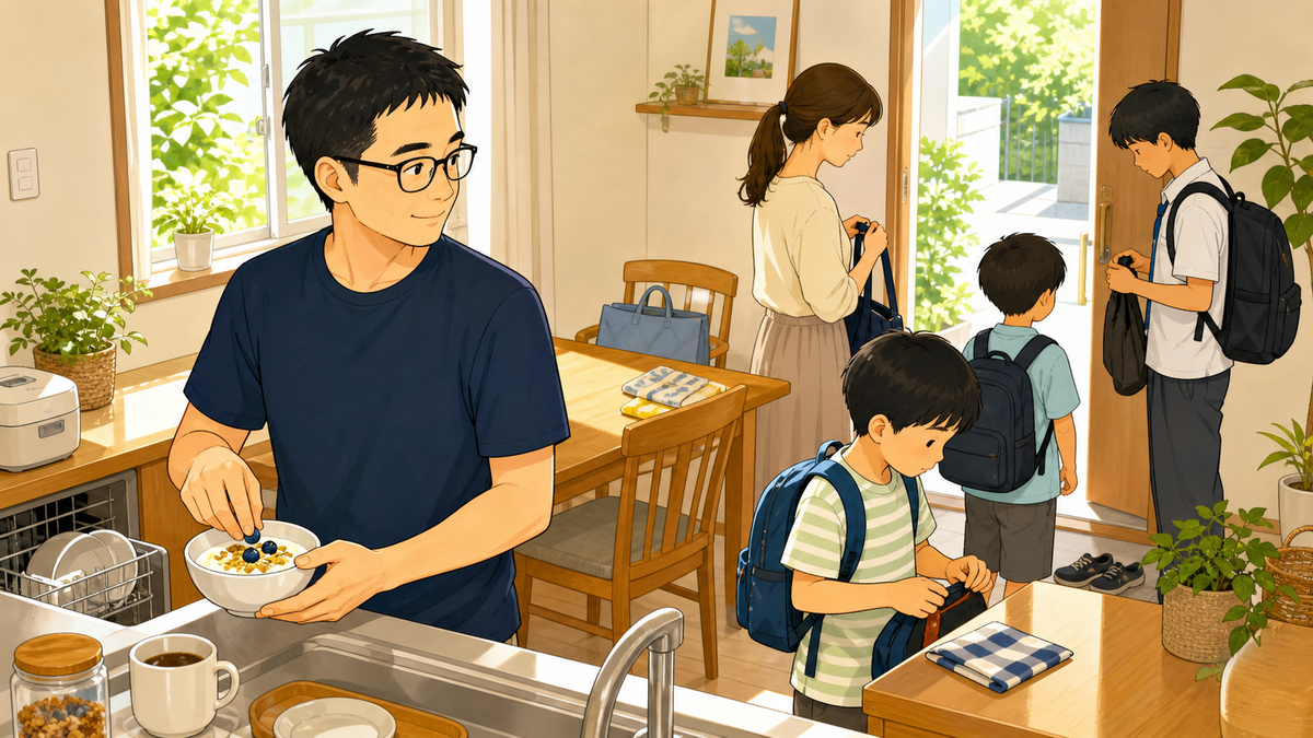 alt="夏の朝、父が台所に立ち、妻と子どもたちが出発準備をしている家庭のイラスト"