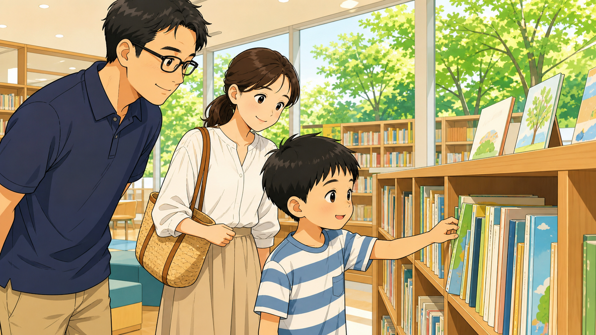 こども本の森で三男坊が本棚から絵本を選んでいるイラスト"