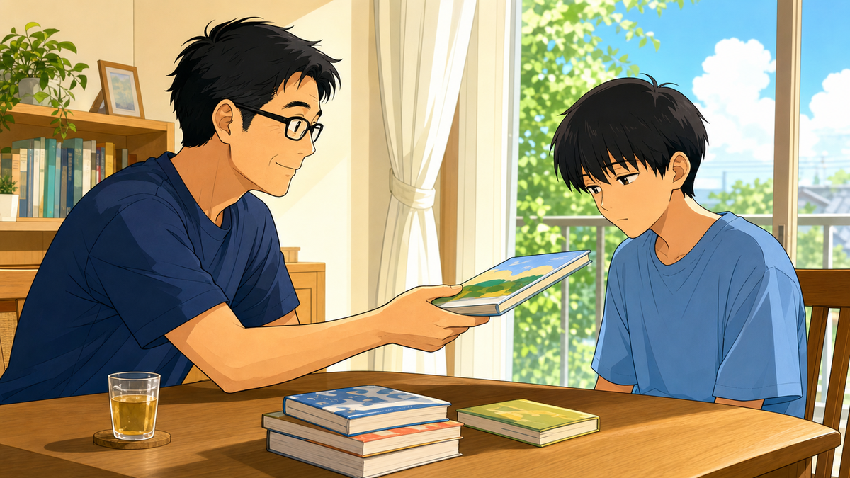 父が長男に本を渡し、長男が落ち着いた反応をしているイラスト