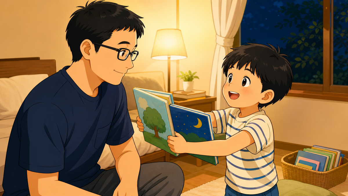 "夜に三男坊が父へ絵本を持ってきているイラスト