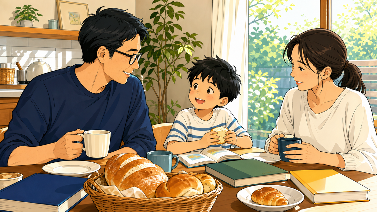 翌朝の食卓にパンと本が並んでいる家族のイラスト