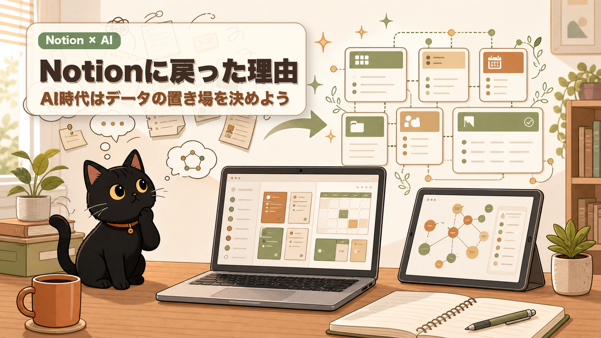 黒猫くろがNotionを含むAI時代のデータの置き場を示しているブログのアイキャッチ画像。