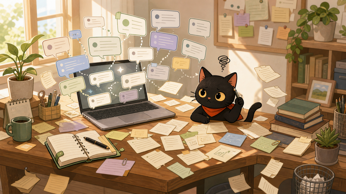 黒猫くろが、散らかったAIチャットの回答やメモを前に情報の置き場を考えているイラスト。