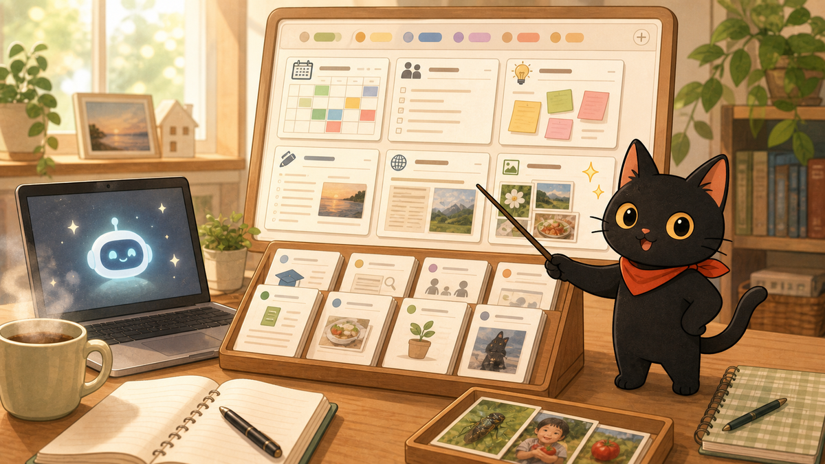 黒猫くろが、メモや予定がデータベース風のカードに整理された画面を指しているイラスト。