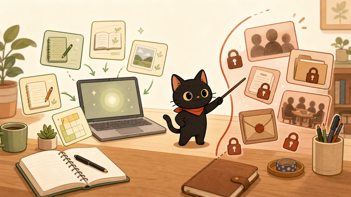 黒猫くろが、AIに入れる情報と入れない情報の境界を示しているイラスト。