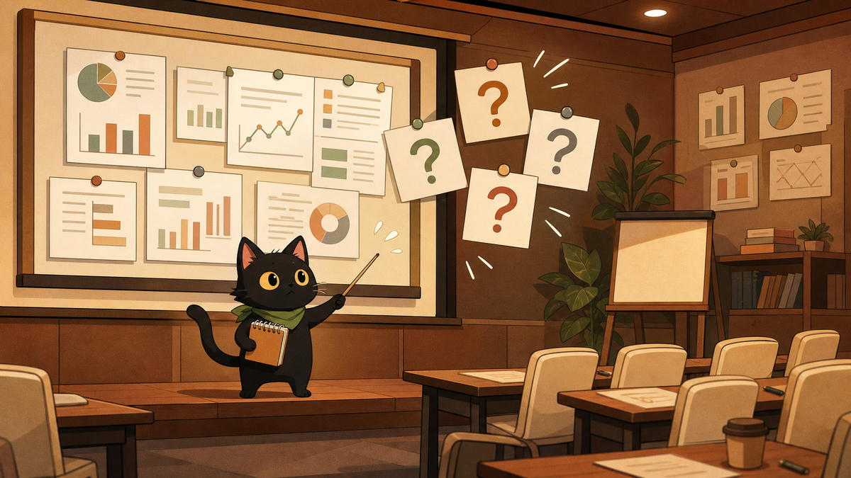黒猫くろが研修室の前で発表資料と質問カードに向き合っている挿絵