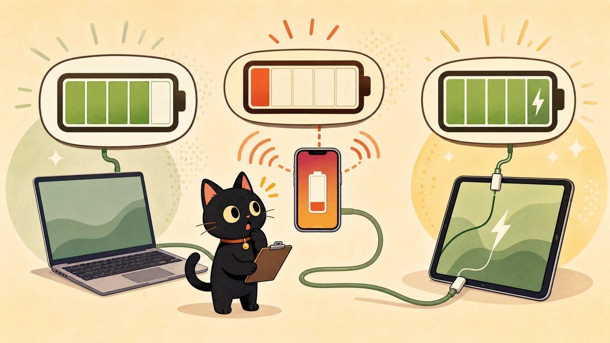 黒猫くろがMacBookとiPhoneとiPadの電池ゲージを見比べている挿絵
