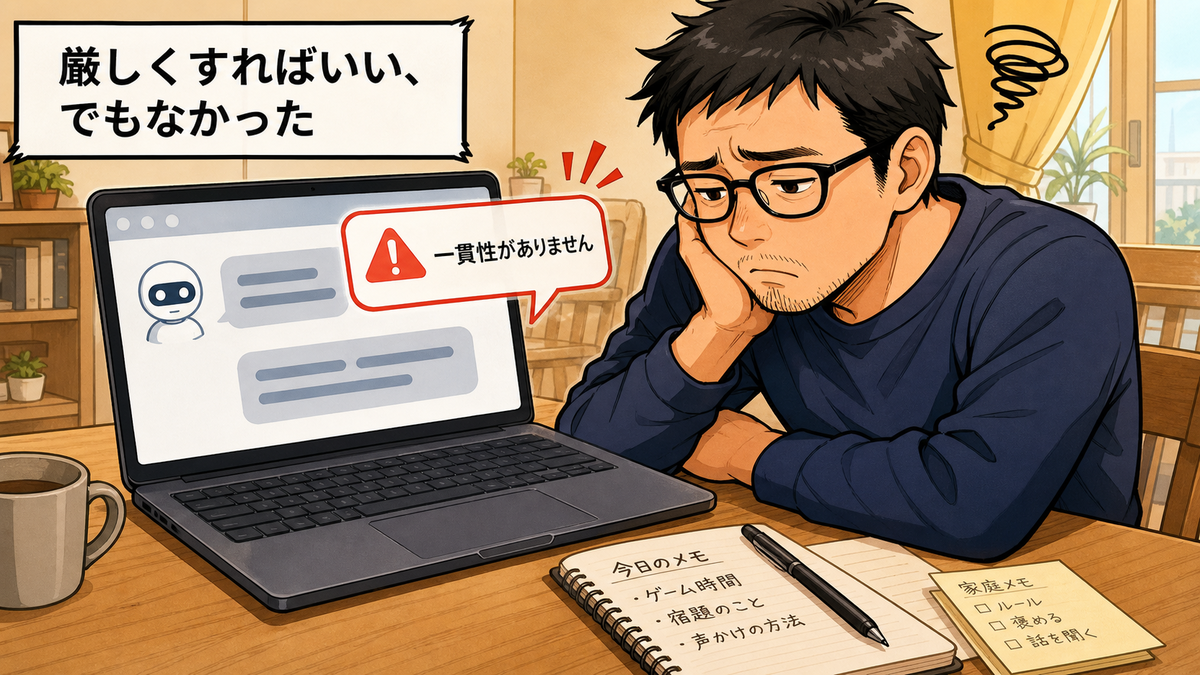 父親がPCの厳しめなAI返答を見て、正論風でも刺さらないと感じている挿絵。