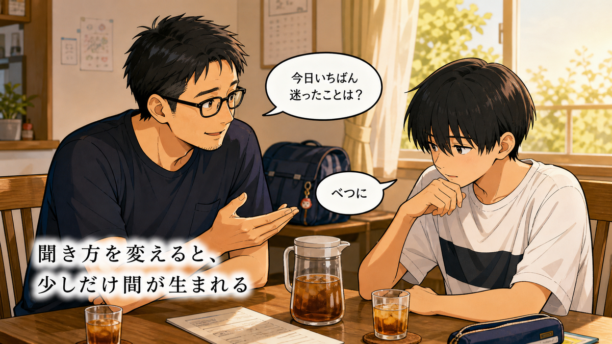 父親が長男に今日いちばん迷ったことを聞き、長男が少し考えている親子対話の挿絵。