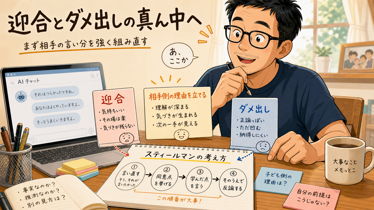 父親が迎合とダメ出しの間にあるスティールマンの考え方をノートに整理している挿絵。