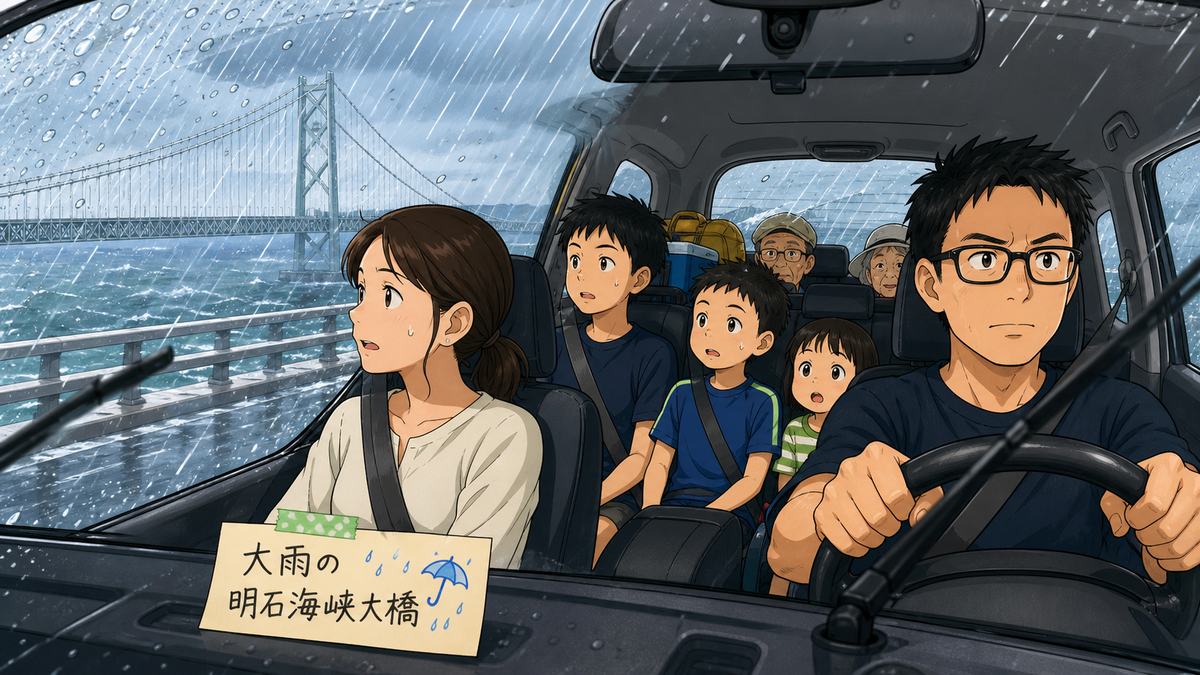 大雨の明石海峡大橋を右ハンドル車で渡る家族の車内イラスト