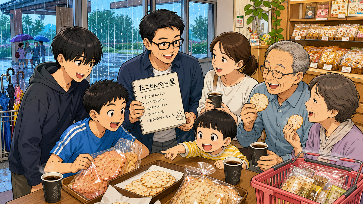 雨の日に屋内のせんべい休憩スポットで試食やコーヒーを楽しむ3世代家族のイラス