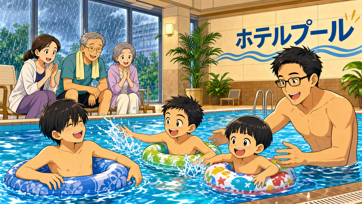 雨の日にホテルの屋内プールで遊ぶ子どもたちと見守る大人たちのイラスト