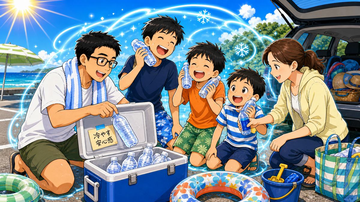 夏の海辺で、家族がクーラーボックスから凍ったペットボトルを取り出して涼んでいるイラスト