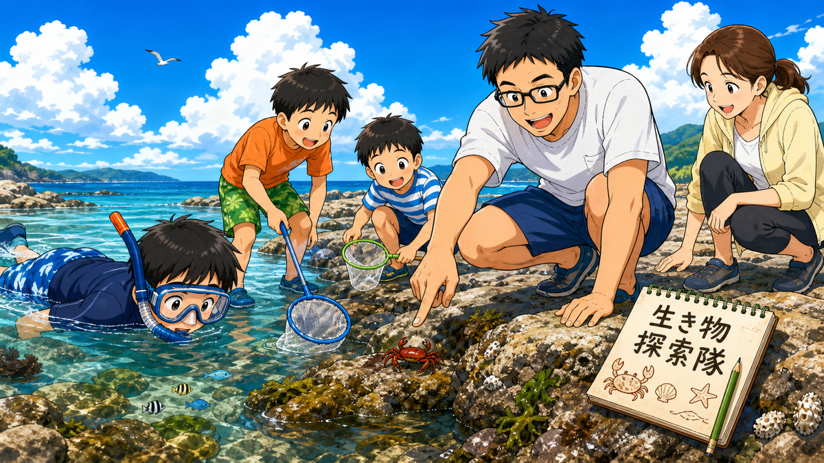 岩場の海で、シュノーケルをする子と虫あみで生き物を探す子どもたちを父母が見守るイラスト