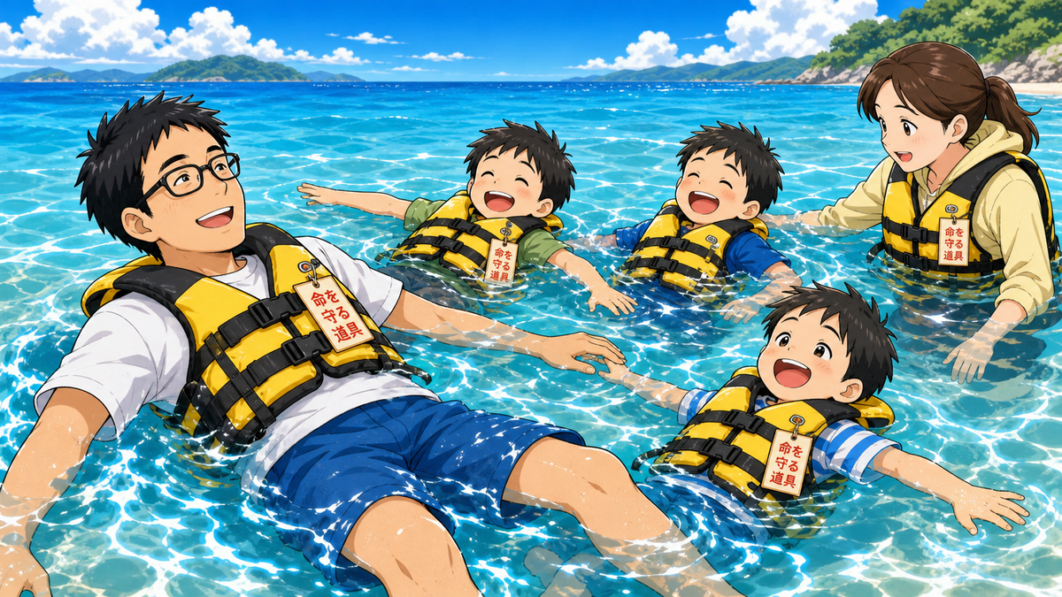 家族全員がライフジャケットを着て、夏の海で安全に浮かんでいるイラスト