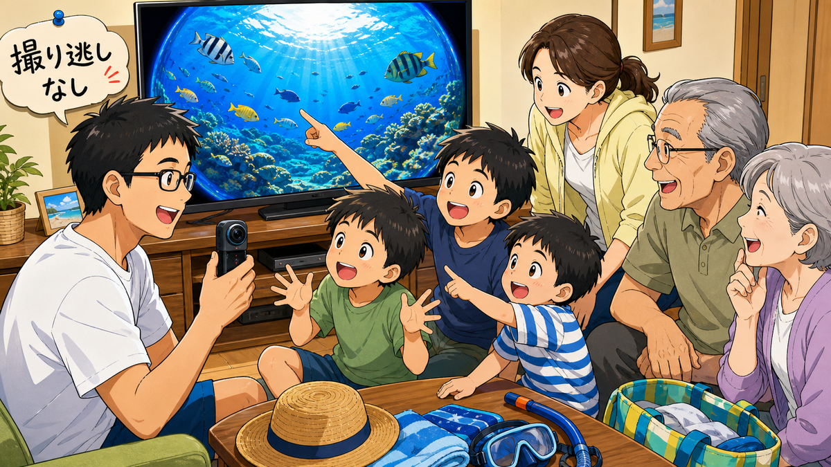 父が360度カメラを持ち、子どもたちが祖父母に海中の魚映像を見せているイラスト
